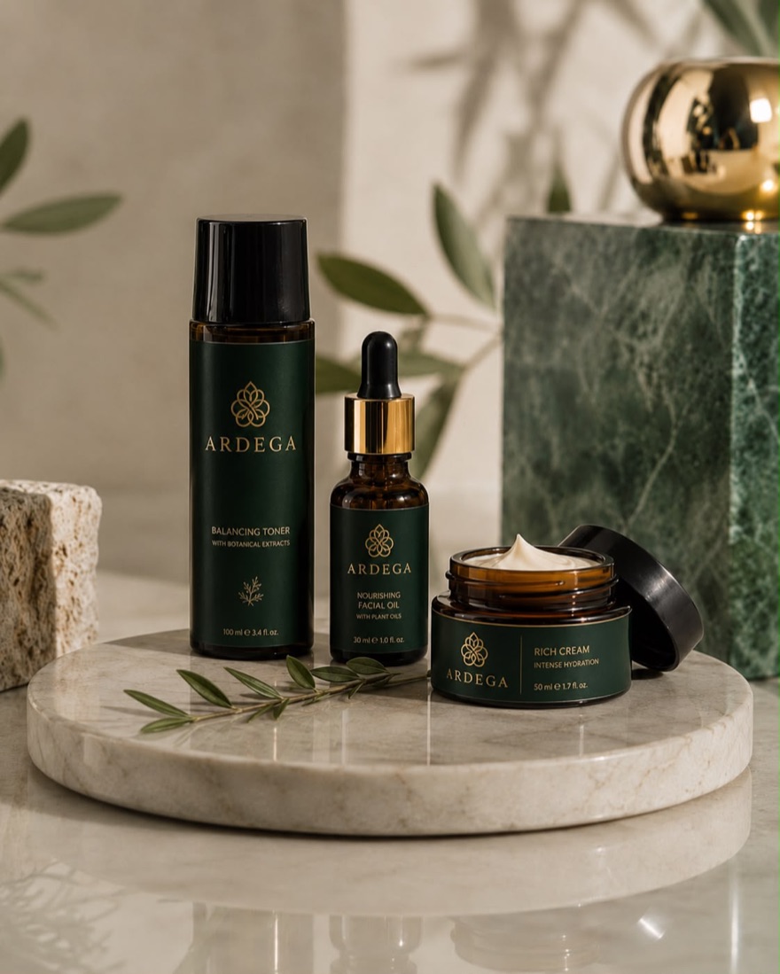 Línea de cosmética ARDEGA: tónico, aceite facial y crema en envases verde y oro