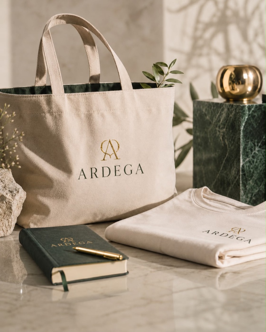 Lifestyle ARDEGA: bolsa de tela, libreta y camiseta con el monograma en oro