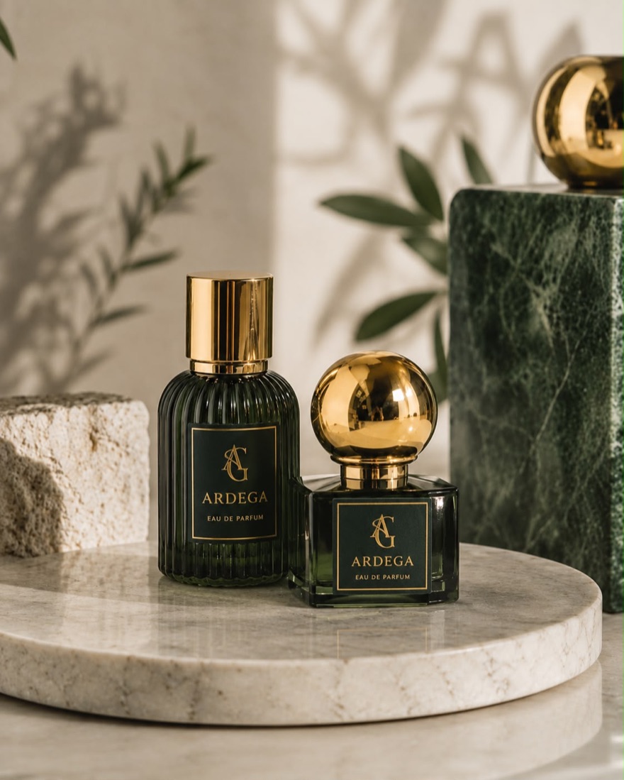 Eau de Parfum ARDEGA en frascos de vidrio verde botella con tapón dorado